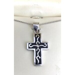Tru-Kay Sterling Silver Black Enamel Tribal Swirl Cross Necklace Religious Y2K